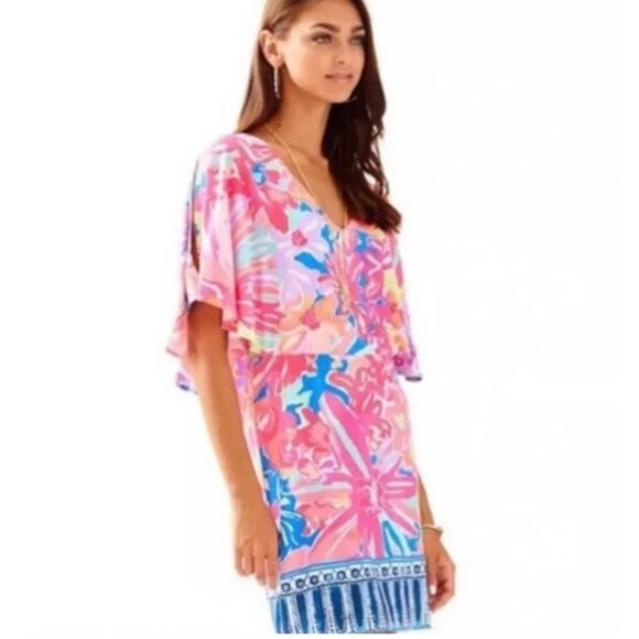 Lilly Pulitzer Gabrielle Caftan Dress Size M Multi Playa Hermosa Print Floral Sl - Picture 1 of 15